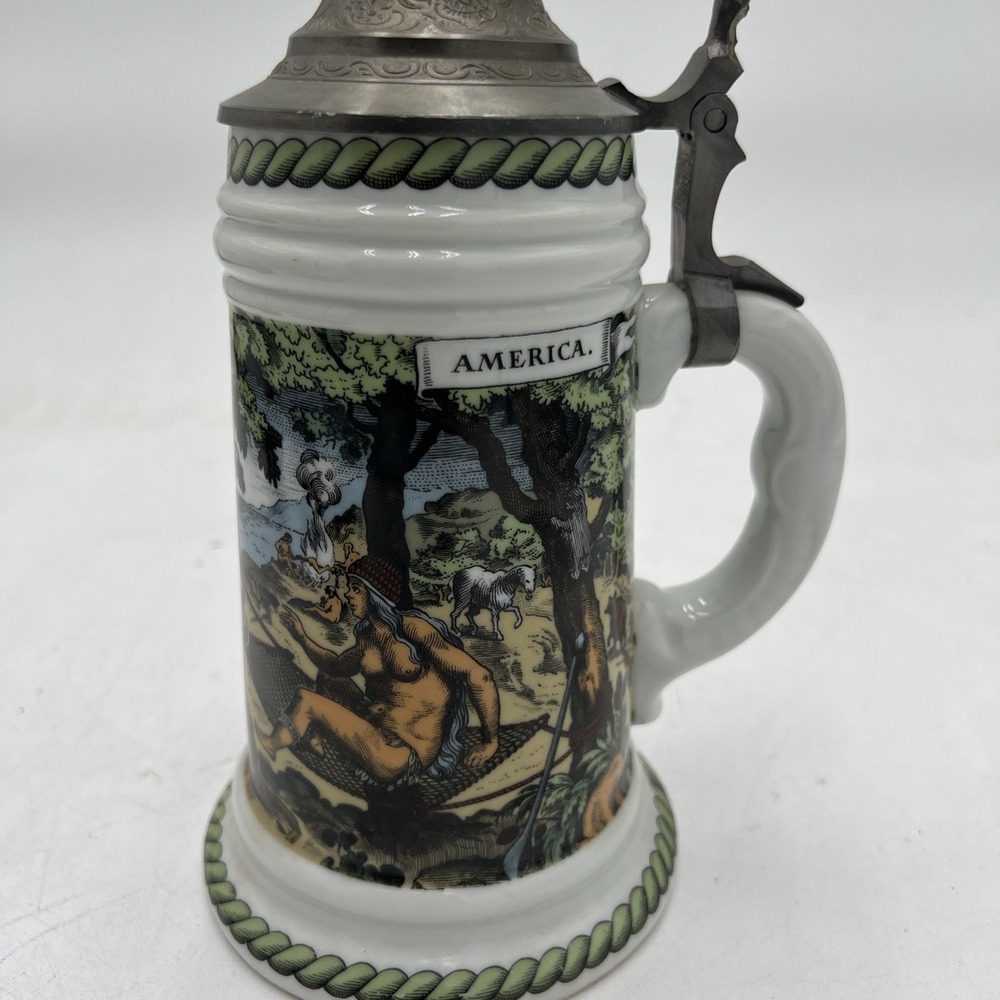VNTG Cerami Beer Stein Tankard Pewter Lid Sailing Ship Historical Explorer Theme